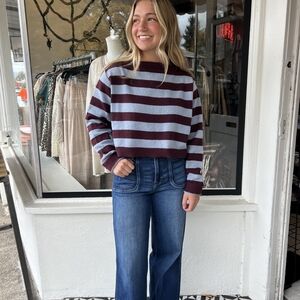 Double zero relaxed fit striped boat neck dark cherry/ blue sweater